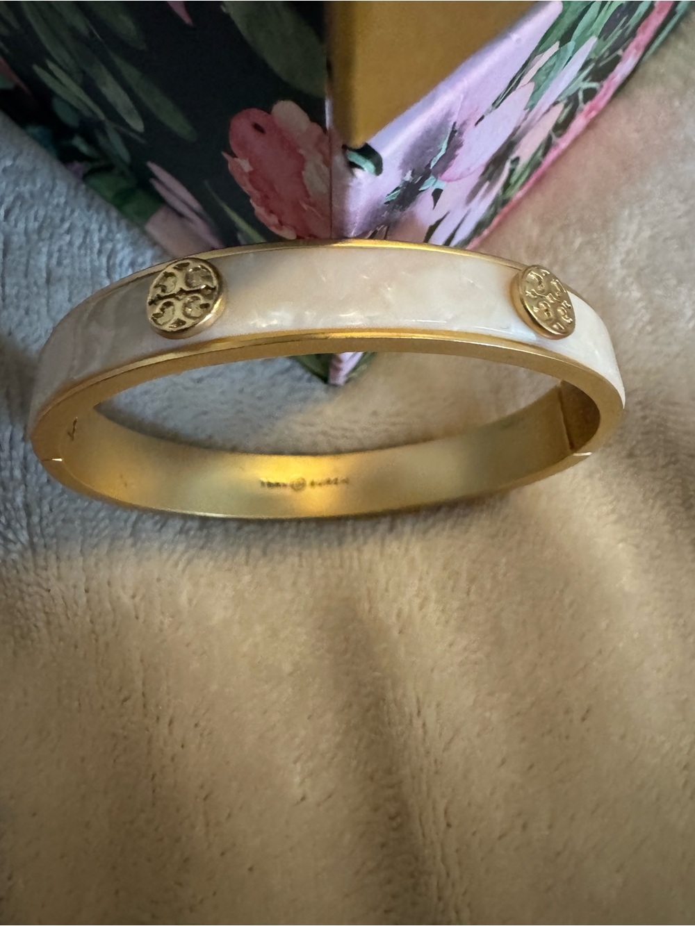Tory Burch White Enamel and Gold Logo Bangle